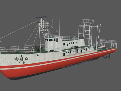White and Red Hull Ship with Number 09 and Deck Equipment Mast Structure 3d model