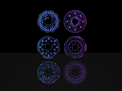 Circular Sculptural Carvings With Intricate Line Patterns Blue Purple Colors On Black Background And Reflections 3d model