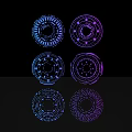 Circular Sculptural Carvings With Intricate Line Patterns Blue Purple Colors On Black Background And Reflections