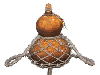 Ceramic Gourd Shaped Vessel With Net Rope Wrapping And Cork Stopper 3d model