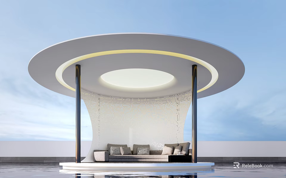 Modern Leisure Pavilion Featuring Round Canopy Curved Walls Bench Cushions and Yellow LED Strip 3d model 