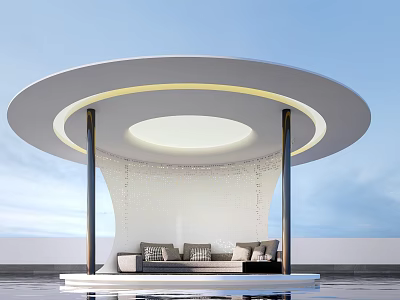 Modern Leisure Pavilion Featuring Round Canopy Curved Walls Bench Cushions and Yellow LED Strip 3d model