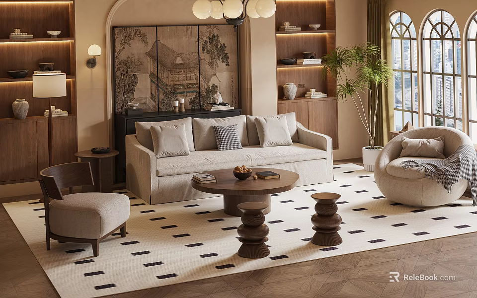 Elegant Living Room Interior With Beige Sofa Wooden Coffee Table Patterned Rug Decorative Painting And Plant 3d model 