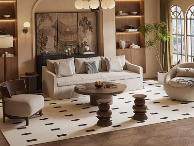 Elegant Living Room Interior With Beige Sofa Wooden Coffee Table Patterned Rug Decorative Painting And Plant 3d model