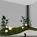 Floral Installation with Large Moon Green Plants and Round Lights on Grass