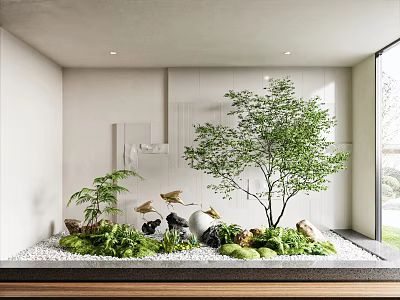 Indoor Miniature Garden Setup With Green Plants Small Tree Fern Stones And Pebbles 3d model