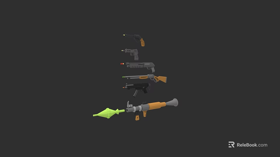 Assorted Weapons Collection Featuring Pistol Rifle And Rocket Launcher Models 3d model
