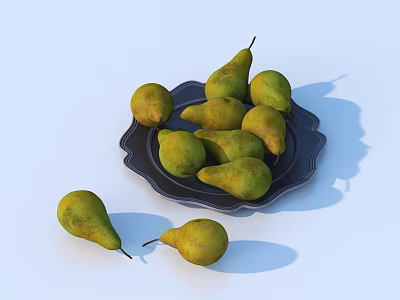 Green Pears On Black Plate With Additional Pears Against Light Blue Background 3d model