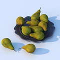 Green Pears On Black Plate With Additional Pears Against Light Blue Background 3d model