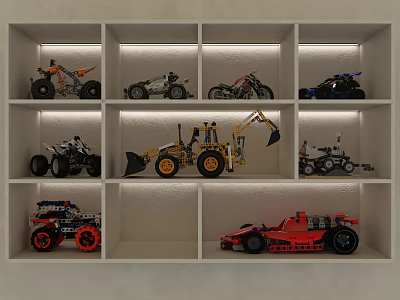 Display Shelves with Multiple Compartments for Toy Car Models Including Motorcycles Bulldozers and Racing Cars 3d model