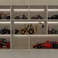 Display Shelves with Multiple Compartments for Toy Car Models Including Motorcycles Bulldozers and Racing Cars