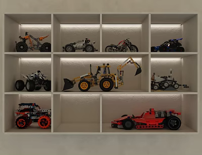 Display Shelves with Multiple Compartments for Toy Car Models Including Motorcycles Bulldozers and Racing Cars 3d model