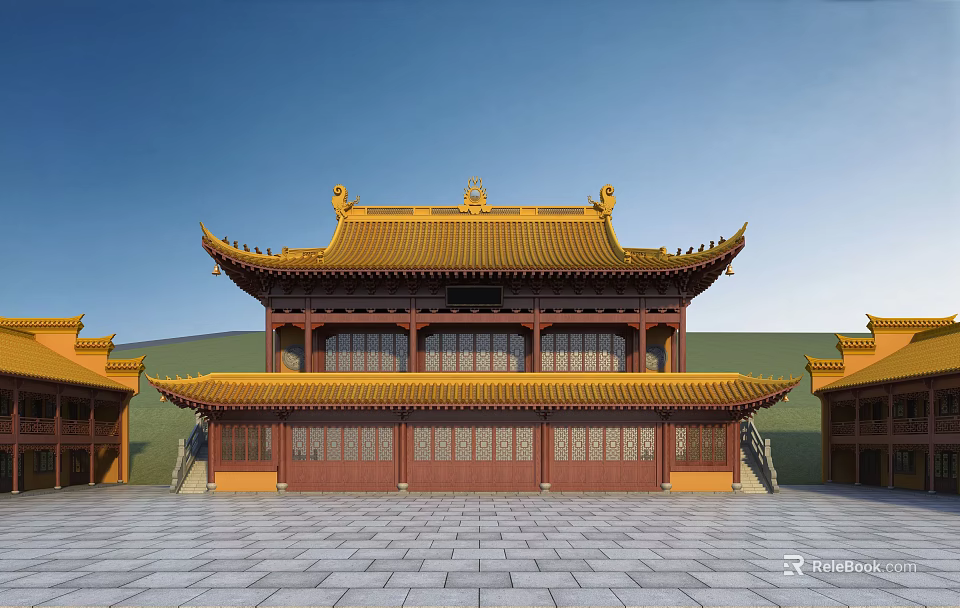 Ancient Architecture Traditional Style With Yellow Roof Red Walls Curved Eaves And Stone Courtyard 3d model 
