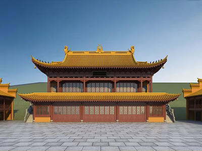 Ancient Architecture Traditional Style With Yellow Roof Red Walls Curved Eaves And Stone Courtyard 3d model