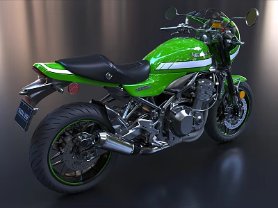 Sleek Green Motorcycle with Black Seat and Chrome Accents on Dark Reflective Surface 3d model