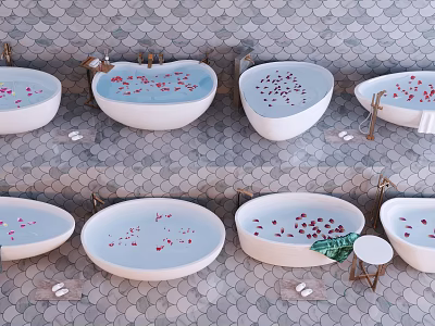 Elegant Freestanding Bathtubs With Red Flower Petals On Tiled Bathroom Floor 3d model
