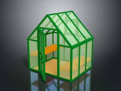 Green Frame Glass Greenhouse With Open Door And Wooden Benches Interior 3d model