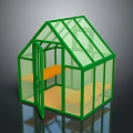 Green Frame Glass Greenhouse With Open Door And Wooden Benches Interior