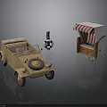 Vintage Open Top Car And Striped Canopy Booth Scene With Toy Robot Figure