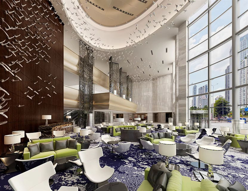 Modern Hotel Public Lounge With Comfortable Sofas Chairs And City View Windows 3d model 