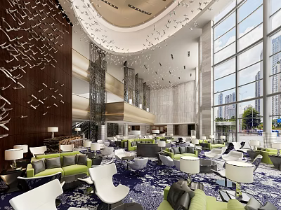 Modern Hotel Public Lounge With Comfortable Sofas Chairs And City View Windows 3d model