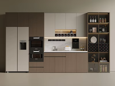 Modern Kitchen With Wooden White Cabinets Refrigerator Oven And Marble Countertop Storage Shelves 3d model