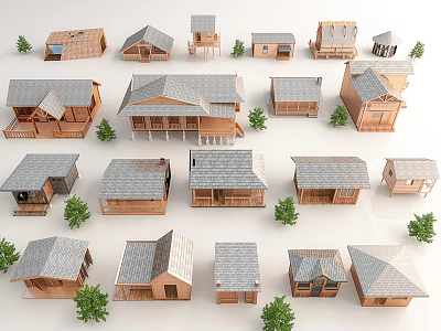 Various Wooden House Models With Different Roof Styles And Small Trees 3d model