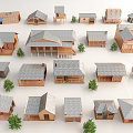 Various Wooden House Models With Different Roof Styles And Small Trees