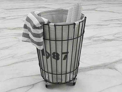 Storage Basket With Black Metal Frame Wheels Gray Liner And Striped Towel On Marble Floor 3d model