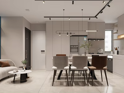 Modern Living And Dining Room Interior Design With Light Tones Sofa Dining Table Pendant Lights 3d model