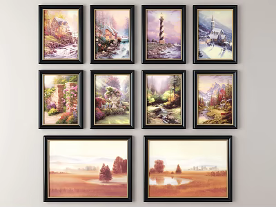 Decorative Landscape Paintings Featuring River Scenery Lighthouse Church Garden Field And Lake Views 3d model