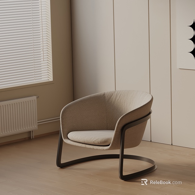 Modern Accent Chair Beige Cushion Black Metal Frame Curved Design Wooden Floor Blinds 3d model 