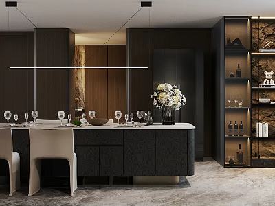 Modern Open Concept Restaurant Interior With Bar Counter Flower Vase Cabinets And Wine Glasses 3d model