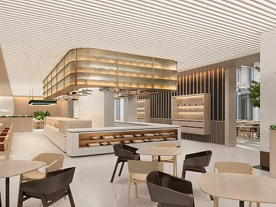 Contemporary Restaurant Interior With Wooden Tables Hanging Lamps And Bar Counter 3d model