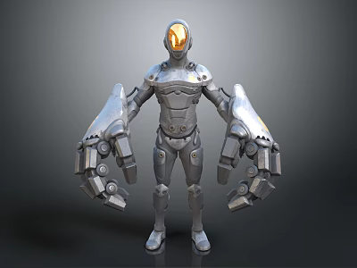 Silver Metallic Robot Character With Glowing Orange Eyes And Mechanical Arms 3d model