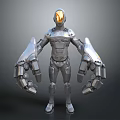 Silver Metallic Robot Character With Glowing Orange Eyes And Mechanical Arms