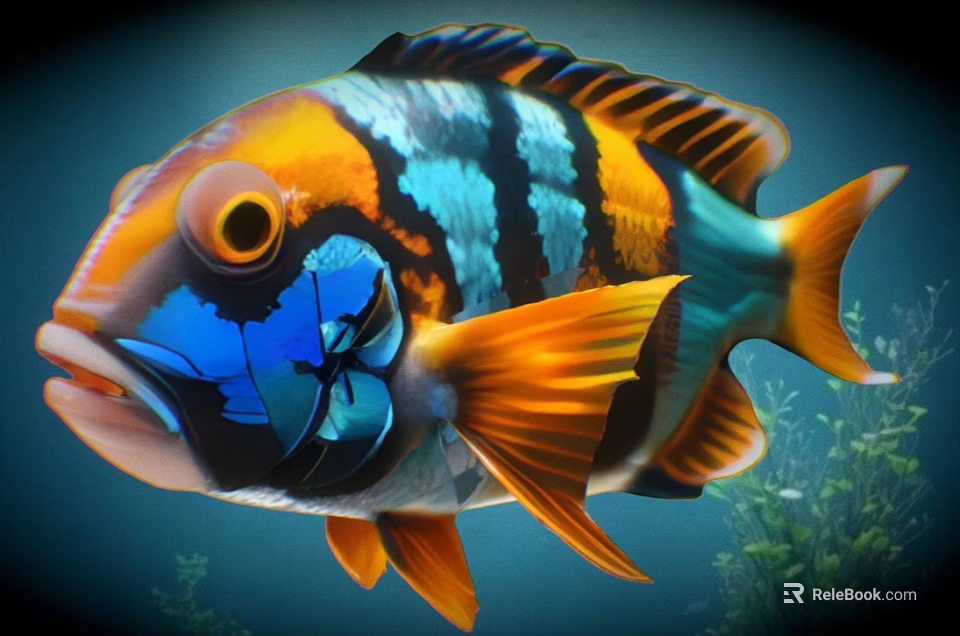 Colorful Tropical Fish With Vibrant Orange Blue Black Stripes Swimming Underwater With Green Aquatic Plants 3d model 