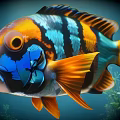 Colorful Tropical Fish With Vibrant Orange Blue Black Stripes Swimming Underwater With Green Aquatic Plants
