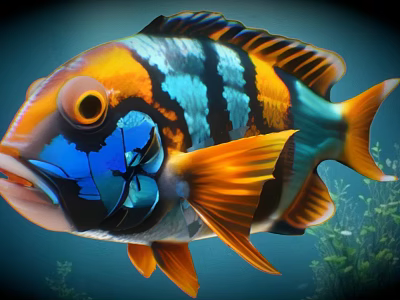 Colorful Tropical Fish With Vibrant Orange Blue Black Stripes Swimming Underwater With Green Aquatic Plants 3d model
