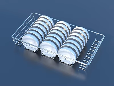 Stainless Steel Wire Rack Holding Stacked White and Gray Striped Dishes 3d model