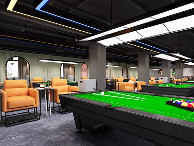 Modern Billiards Clubhouse Interior With Pool Tables And Orange Sofas 3d model