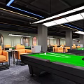 Modern Billiards Clubhouse Interior With Pool Tables And Orange Sofas 3d model