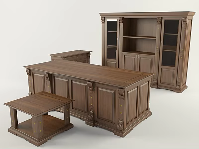 Classic Wooden Office Desk With Side Table And Glass Door Bookcase 3d model