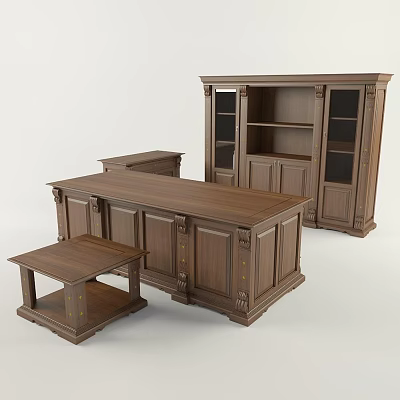 Classic Wooden Office Desk With Side Table And Glass Door Bookcase 3d model