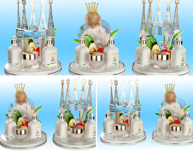 Luxury Perfume Cosmetics Display With Bottles Fresh Fruits And Decorative Flowers 3d model 