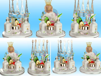 Luxury Perfume Cosmetics Display With Bottles Fresh Fruits And Decorative Flowers 3d model