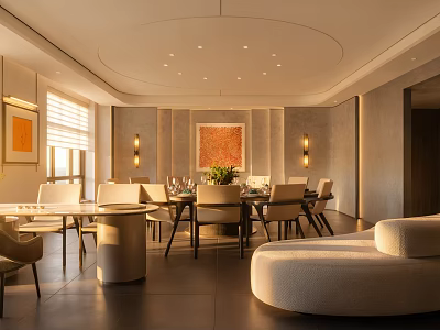 Elegant Modern Private Dining Room With Round Table Chairs Ceiling Lights And Artwork 3d model