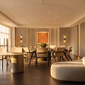 Elegant Modern Private Dining Room With Round Table Chairs Ceiling Lights And Artwork