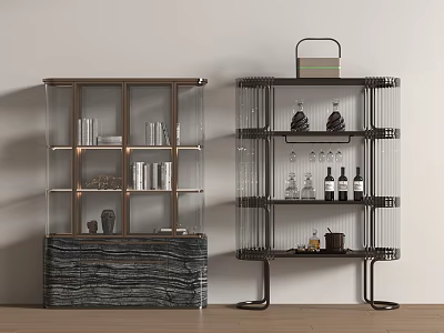 Elegant Wine Cabinet With Glass Doors Marble Base Metal Shelves Holding Wine Bottles Decorations 3d model