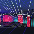 Stage Design with 2003 2023 Numbers Red Blue Background Geometric Shapes and Green Logo Lighting
